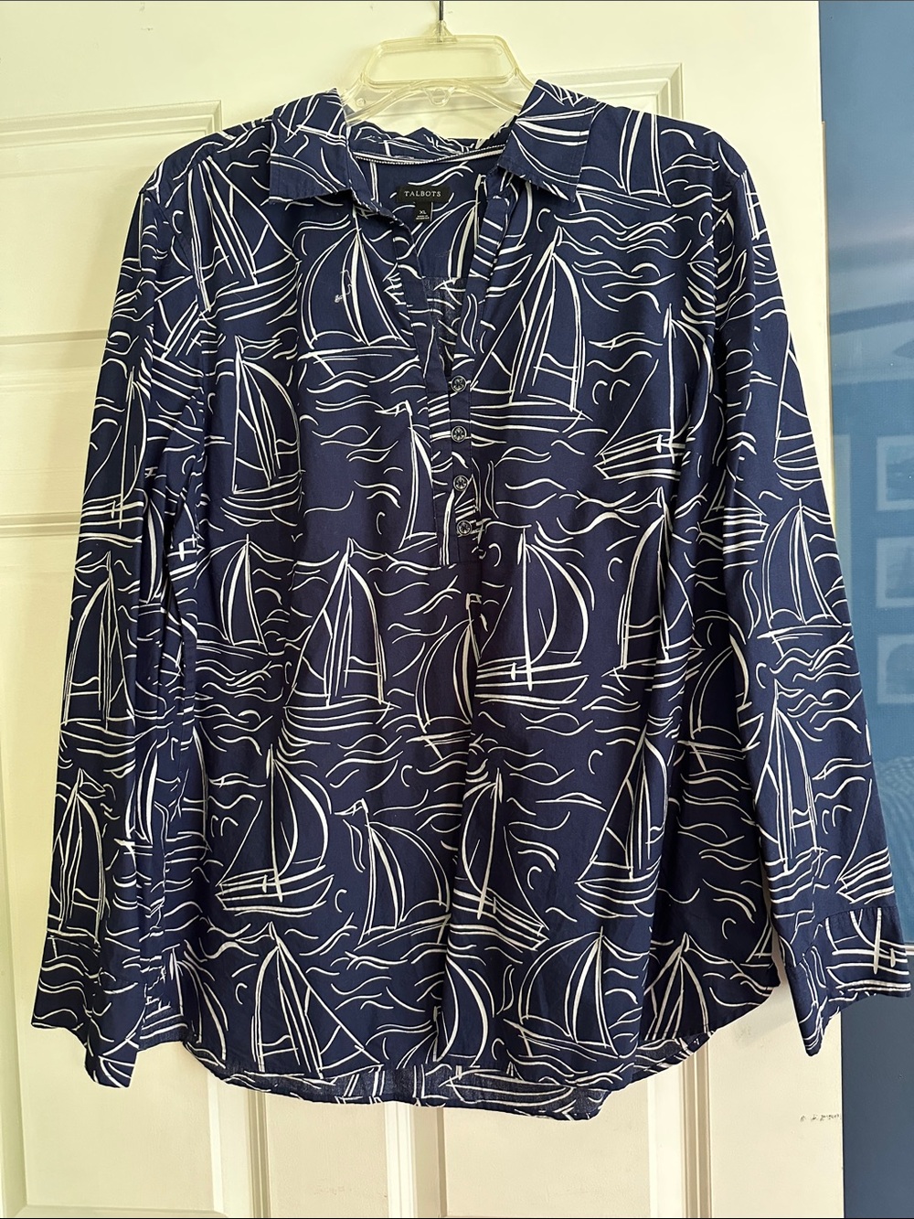 Talbots Navy & White Sailboat Print Button Pullover